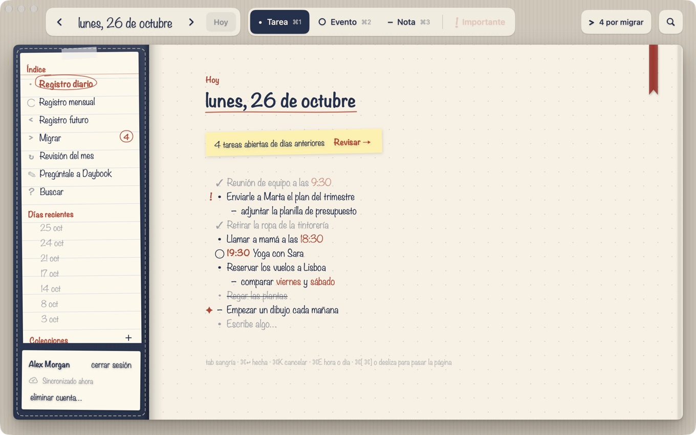 Daybook en el Mac: la página de hoy en el cuaderno, con el índice a la izquierda