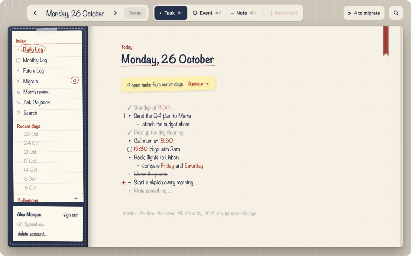 Daybook on the Mac: today's page in the notebook, with the Index on the left